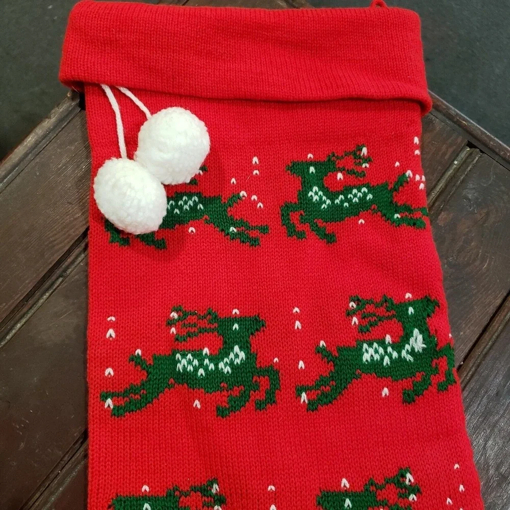 Vintage Retro Knit REINDEER‎ Christmas Stocking Red Green 36